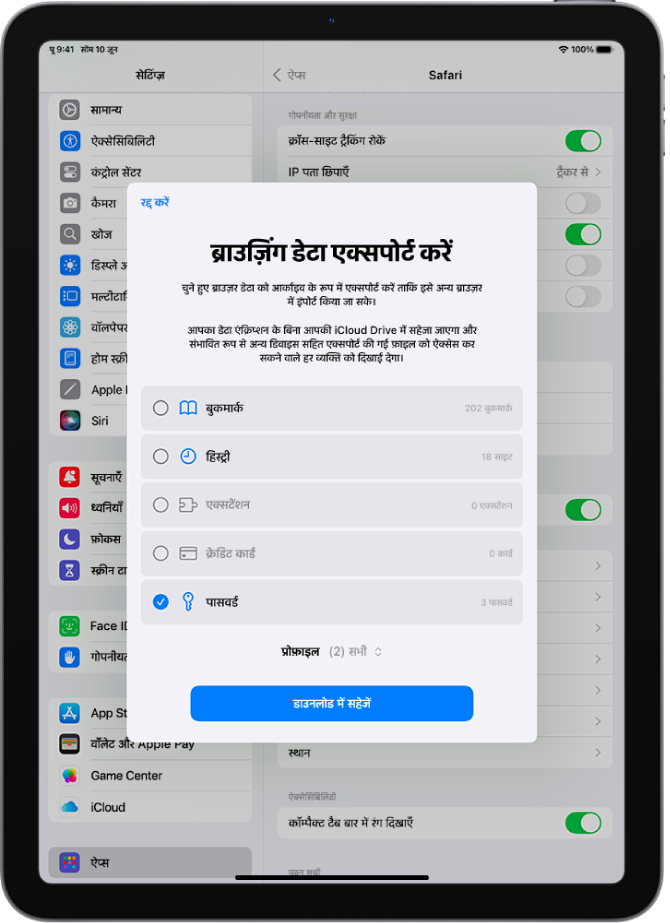 ब्राउज़िंग डेटा एक्सपोर्ट करें स्क्रीन, जिसमें किसी अन्य पासवर्ड प्रबंधक में एक्सपोर्ट करने के लिए पासवर्ड विकल्प चुना गया है।
