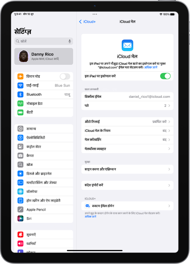 सेटिंग्ज़ ऐप, जो iCloud मेल स्क्रीन के लिए खुला है। कस्टम ईमेल डोमेन मेनू में सबसे नीचे होता है।