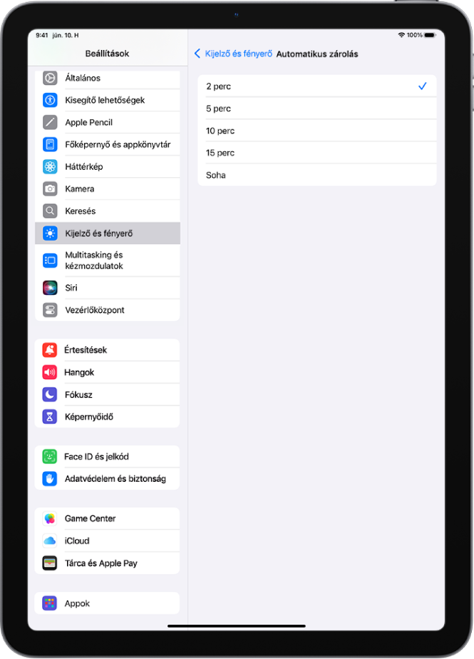 A Kijelző automatikus zárolása képernyő az iPad automatikus zárolására vonatkozó időtartam beállításaival.
