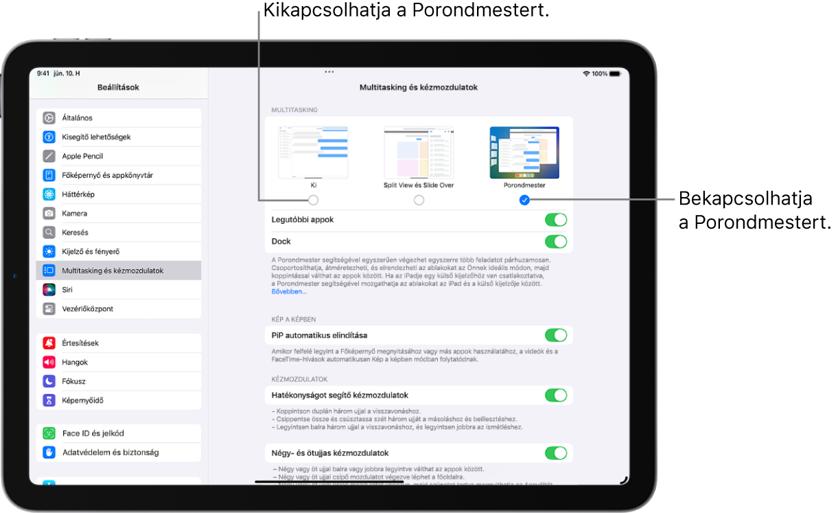 A Beállítások képernyője, ahol be- és kikapcsolhatja a Porondmestert.