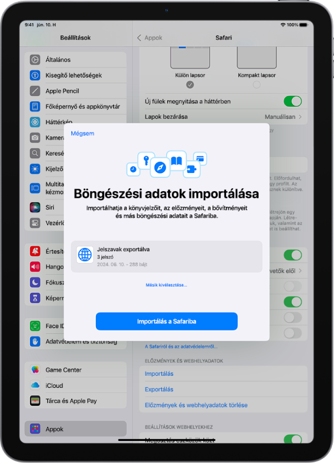 A Böngészési adatok importálása képernyő, amelyen az importálandó jelszavakat tartalmazó CSV-fájl látható egy másik jelszókezelőből.