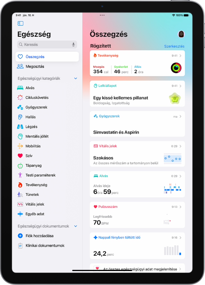 Az Egészség app Összesítés képernyője. A Rögzített szakaszban információk jelennek meg a tevékenységekről, a lelkiállapotról, a vitális jelekről, az alvásról, a pulzusszámról és a napfényen töltött időről.