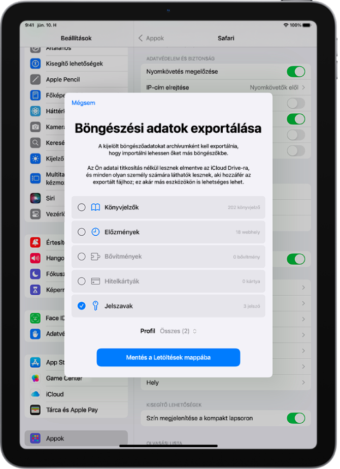 A Böngészési adatok exportálása képernyő, ahol a Jelszavak opció be van jelölve egy másik jelszókezelőbe történő exportáláshoz.