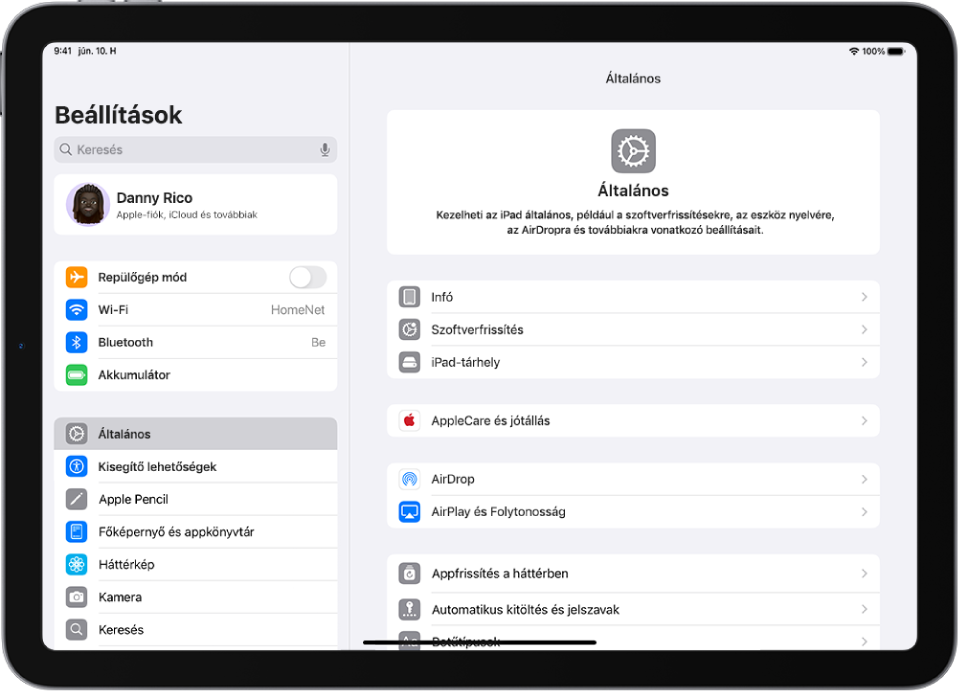 Az iPad Főképernyője számos különböző appikonnal, többek között a Beállítások ikonjával. A Beállítások ikonjára koppintva módosíthatja az iPad hangerejét, a képernyő fényerejét stb.