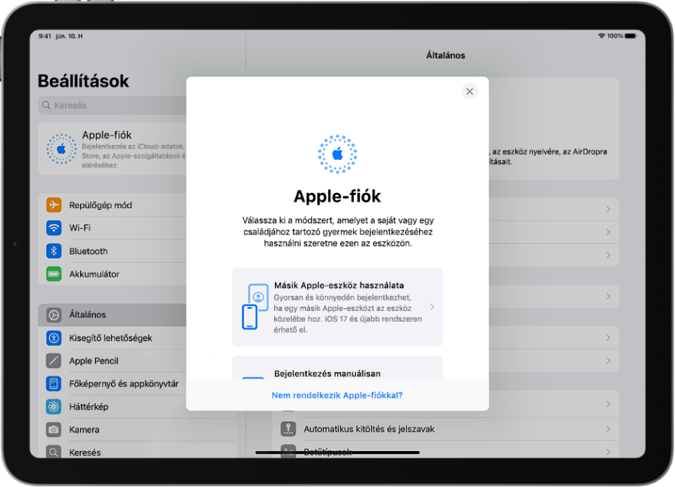 A Beállítások képernyője, amelynek közepén az Apple-fiókkal történő bejelentkezés párbeszédpanele látható.