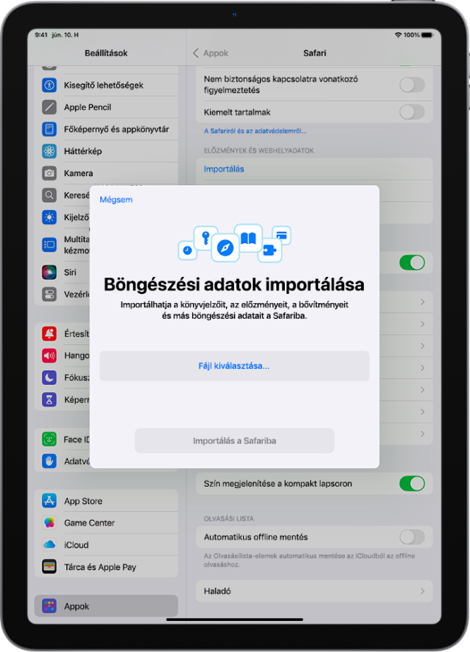 A Böngészési adatok importálása képernyő, amely a Safariba importálandó adatokat jeleníti meg egy másik böngészőből.