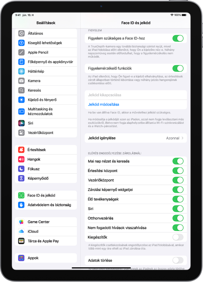 A Face ID és jelkód beállításai olyan opciókkal, amelyek lehetővé teszik bizonyos funkciók elérését, amikor az iPad zárolva van.