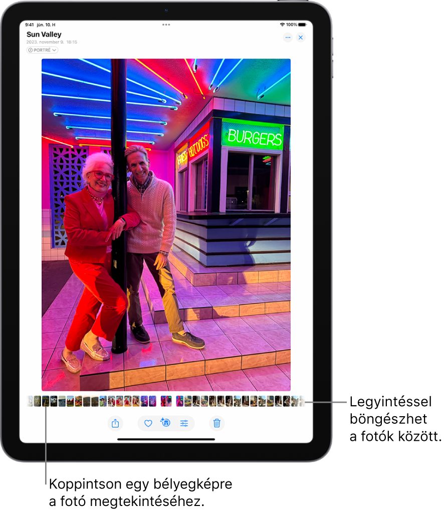 A Fotók app egy teljes képernyős nézetben megjelenített fotóval. A képernyő alján a könyvtárban lévő többi fotó bélyegképei jelennek meg.