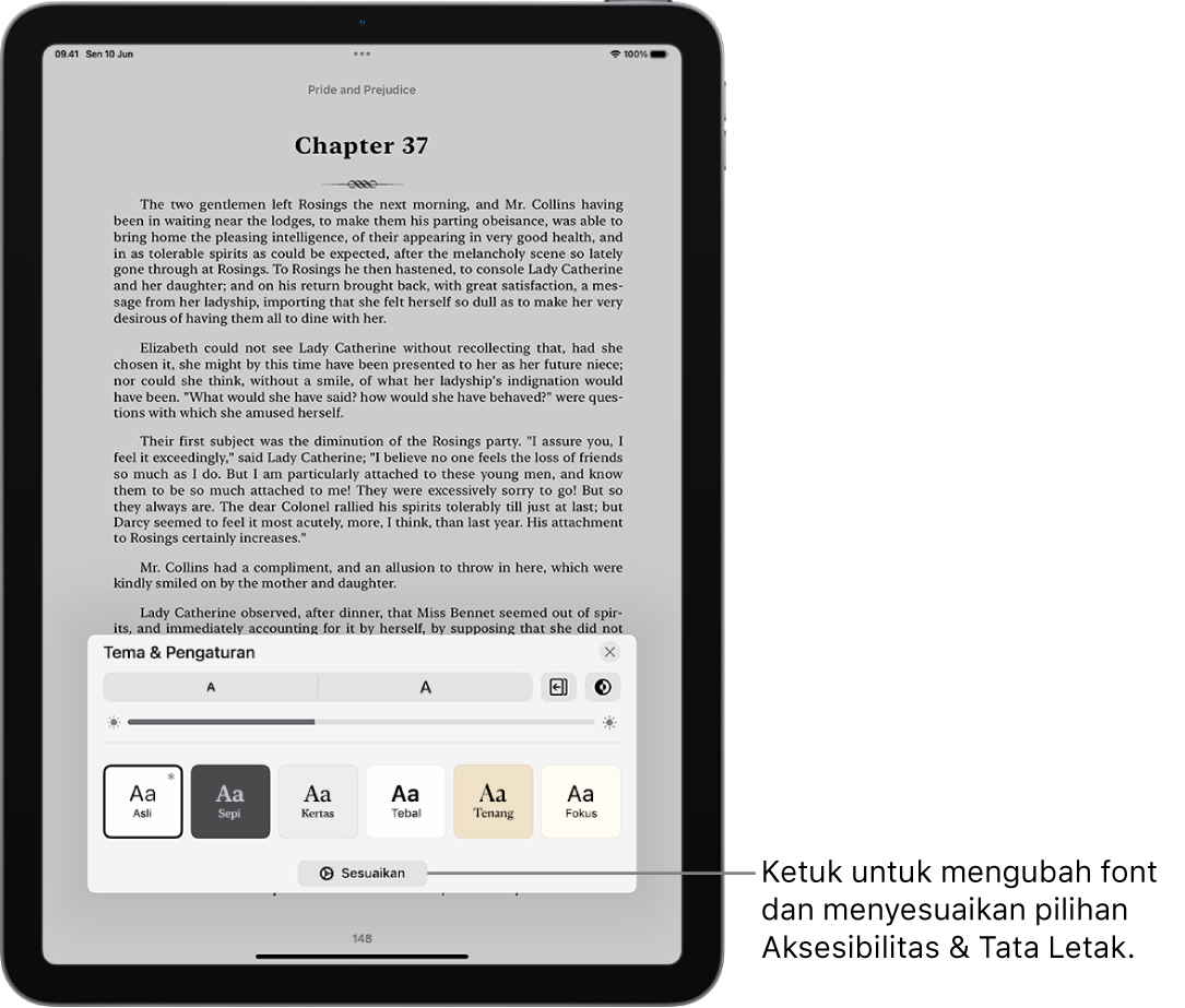 Halaman buku di app Buku. Pilihan Tema & Pengaturan menampilkan kontrol untuk ukuran font, tampilan pengguliran, gaya membalik halaman, kecerahan, dan gaya font.