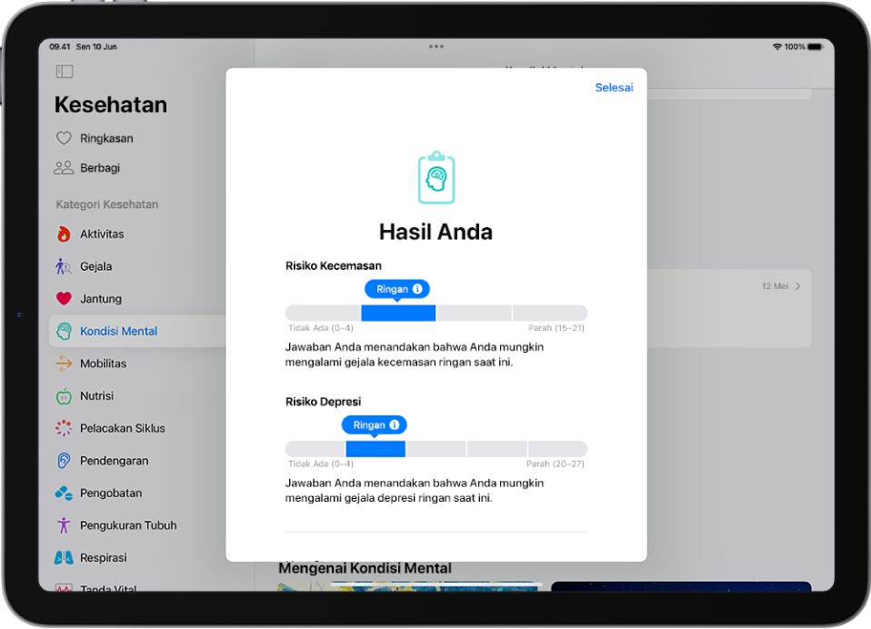Layar di app Kesehatan yang menampilkan hasil dari kuesioner kesehatan mental.