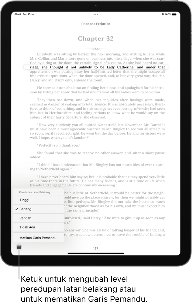 Halaman buku di app Buku. Satu baris teks disorot dan sisa teks diredupkan. Di pojok kiri bawah layar terdapat tombol Menu Garis Pemandu.