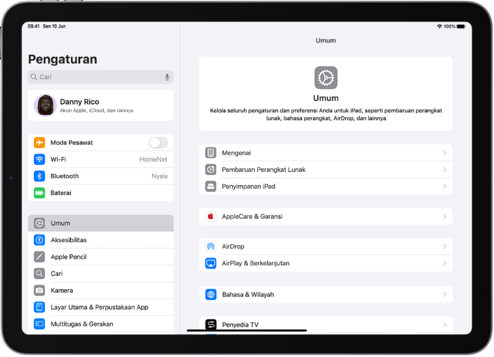 Layar Utama iPad dengan beberapa ikon app, meliputi ikon app Pengaturan, yang dapat Anda ketuk untuk mengubah volume bunyi, kecerahan layar iPad Anda, dan lainnya.