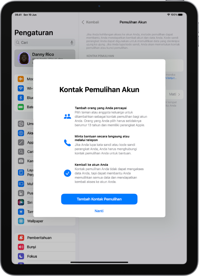 Layar Kontak Pemulihan Akun dengan informasi mengenai fitur. Tombol Tambah Kontak Pemulihan ada di bawah