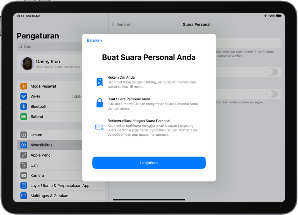 iPad dengan informasi mengenai cara membuat Suara Personal.