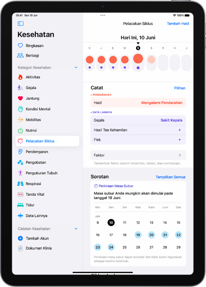 Layar Pelacakan Siklus menampilkan garis waktu untuk seminggu di bagian atas layar. Lingkaran merah padat dan titik ungu menandakan 5 hari pertama di garis waktu. Di bawah garis waktu terdapat pilihan untuk menambahkan informasi mengenai haid, gejala, dan lainnya.