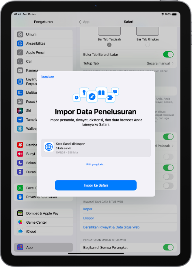 Layar Impor Data Penelusuran, yang menampilkan file CSV kata sandi dari pengelola kata sandi lain yang akan diimpor.