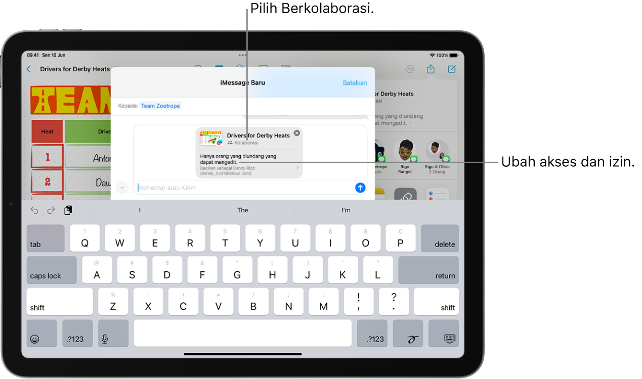 Undangan kolaborasi ke gambar di Catatan, menampilkan Kolaborasi untuk pilihan berbagi dan “Hanya yang diundang yang dapat mengedit” sebagai akses dan pengaturan izin. Empat kemungkinan penerima, termasuk grup, membuat baris di bawahnya. Baris bawah menawarkan cara berbeda untuk membagikan catatan: AirDrop, Pesan, Mail, dan Freeform.