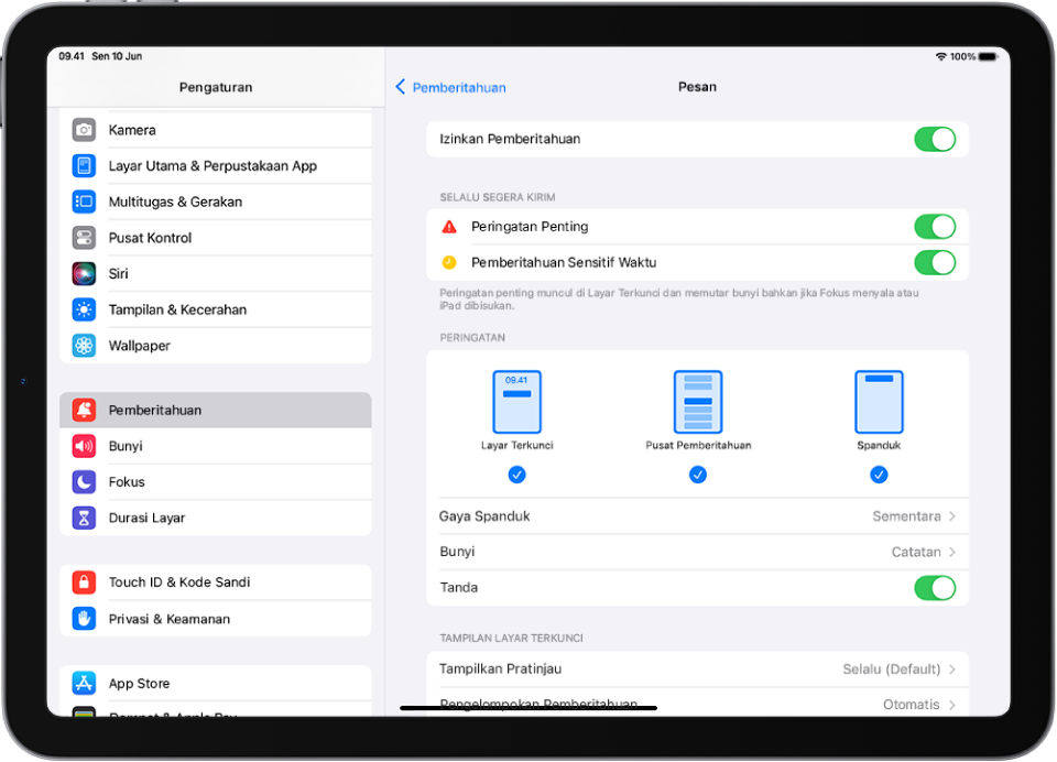 iPad dengan pengaturan Pesan untuk pemberitahuan dan peringatan.