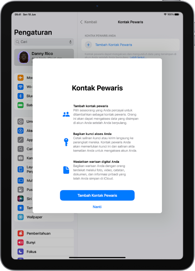 Layar Kontak Pewaris dengan informasi mengenai fitur. Tombol Tambah Kontak Pewaris ada di bawah.