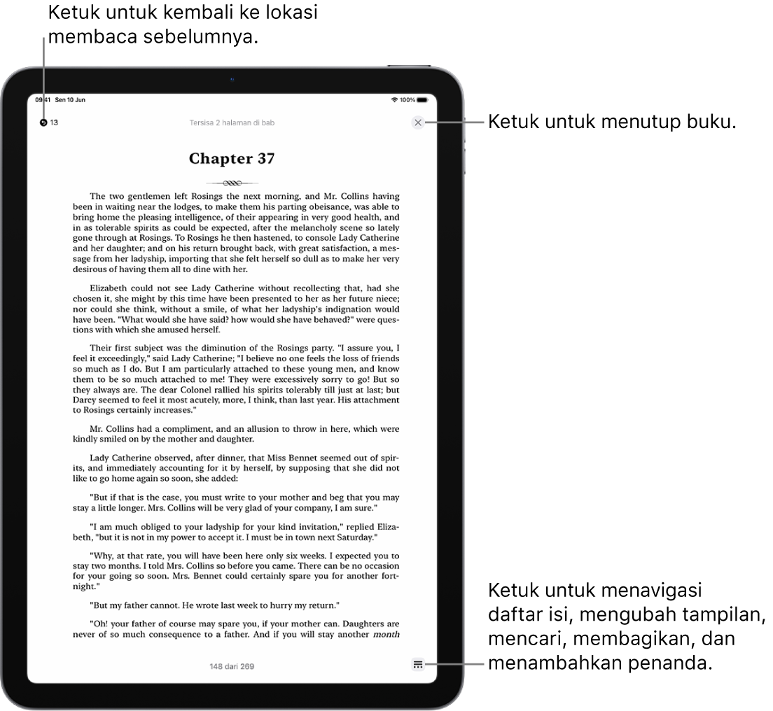 Halaman buku di app Buku. Di bagian atas layar terdapat tombol untuk kembali ke halaman tempat Anda mulai membaca dan untuk menutup buku. Di kanan bawah layar terdapat tombol Menu.