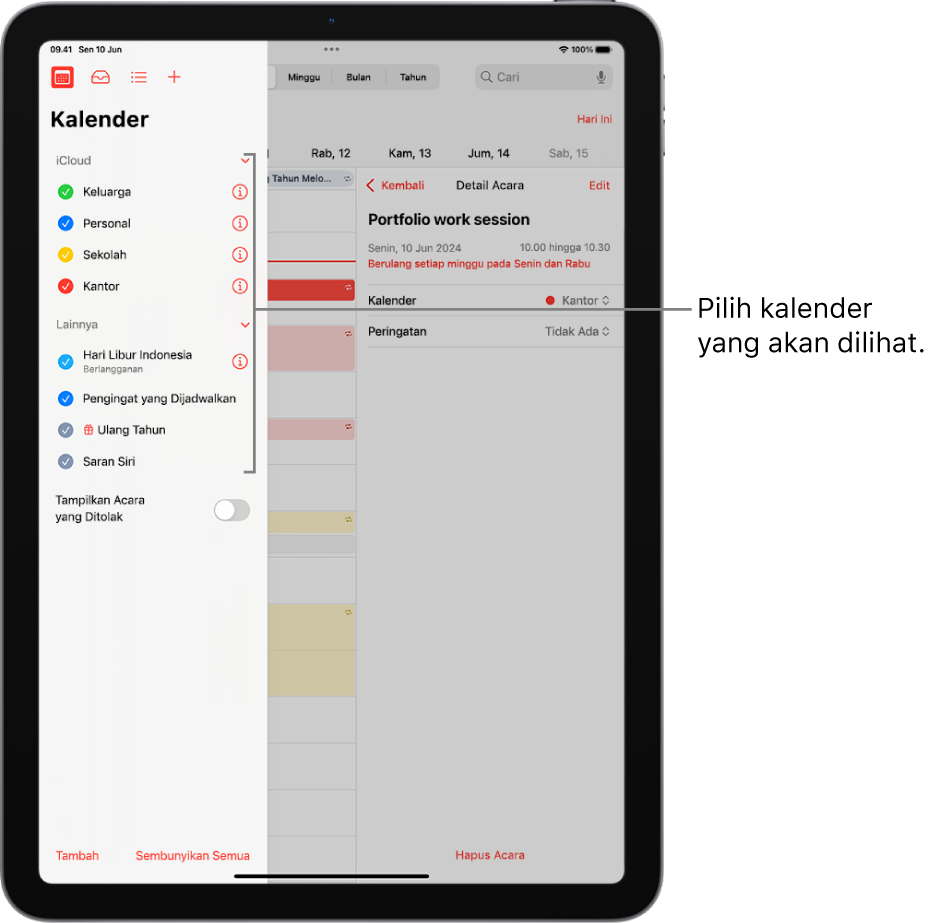 Daftar Kalender, dengan tanda centang yang menunjukkan kalender mana yang aktif. Tombol Selesai untuk menutup daftar berada di pojok kanan atas. Tombol Tambah Kalender ada di pojok kiri bawah.