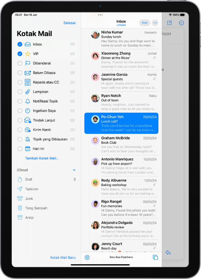 Layar pengeditan Kotak Mail. Kotak Mail opsional tercantum dari atas ke bawah dengan kotak centang di sebelah kiri setiap pilihan. Di pojok kanan bawah layar terdapat tombol berlabel Kotak Mail Baru.