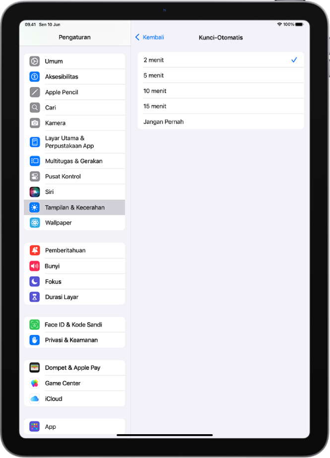 Layar Kunci Otomatis, dengan pengaturan untuk durasi waktu sebelum iPad dikunci secara otomatis.
