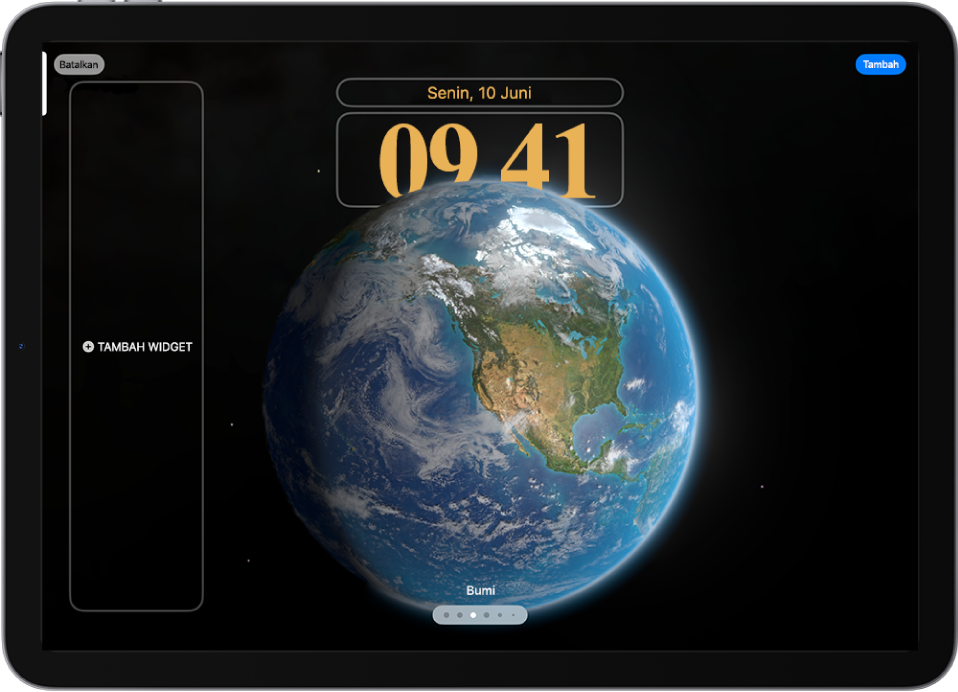 Layar Terkunci khusus dalam proses pengeditan. Elemen yang tersedia untuk penyesuaian dipilih—tanggal, waktu, dan tombol untuk menambahkan widget.