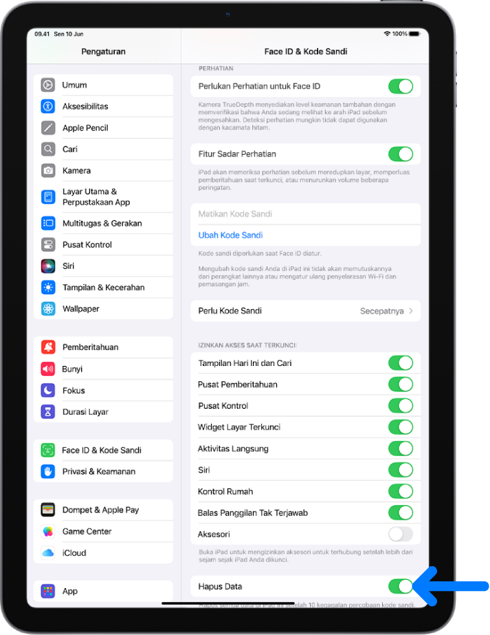 Kontrol Hapus Data, terletak di bagian bawah layar Face ID& Kode Sandi di Pengaturan.