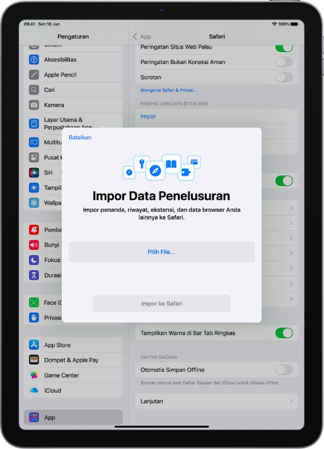 Layar Impor Data Penelusuran, yang menampilkan data dari browser lain yang akan diimpor ke Safari.