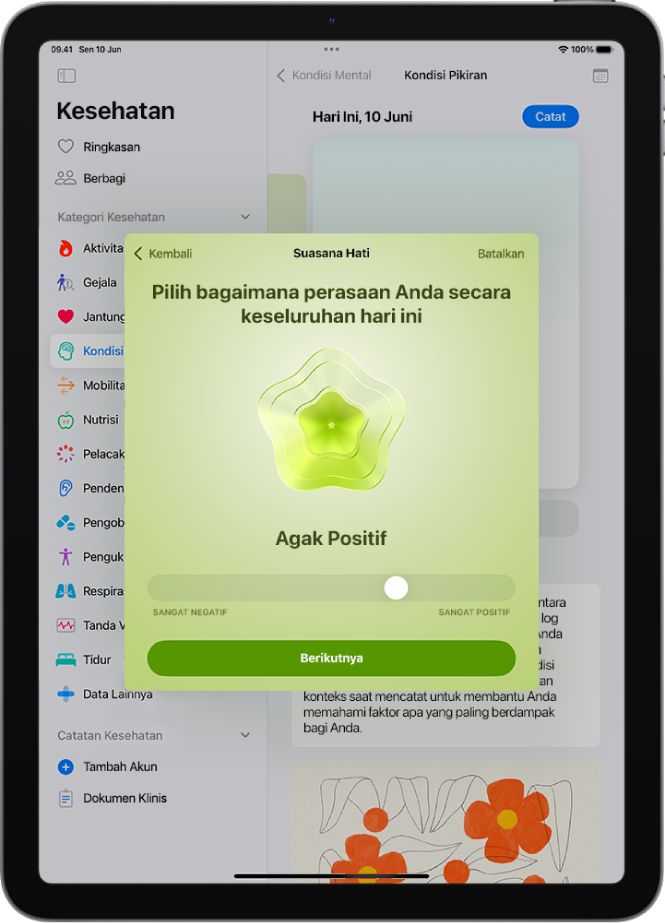 Layar di app Kesehatan mengidentifikasi suasana hati saat ini sebagai Agak Positif. Di bagian bawah layar terdapat penggeser untuk menyesuaikan level emosi.