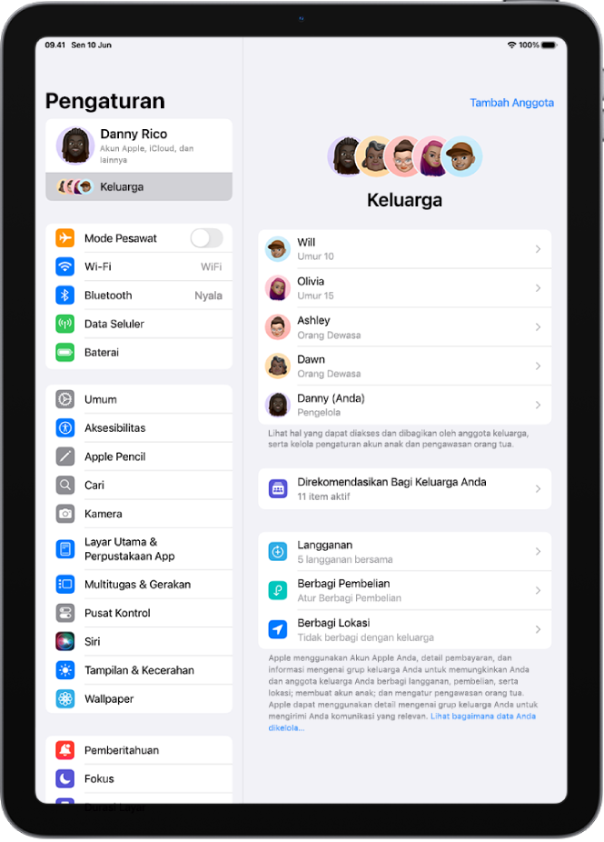 Layar Keluarga di Pengaturan. Hingga lima anggota keluarga tercantum di atas fitur yang dibagikan.