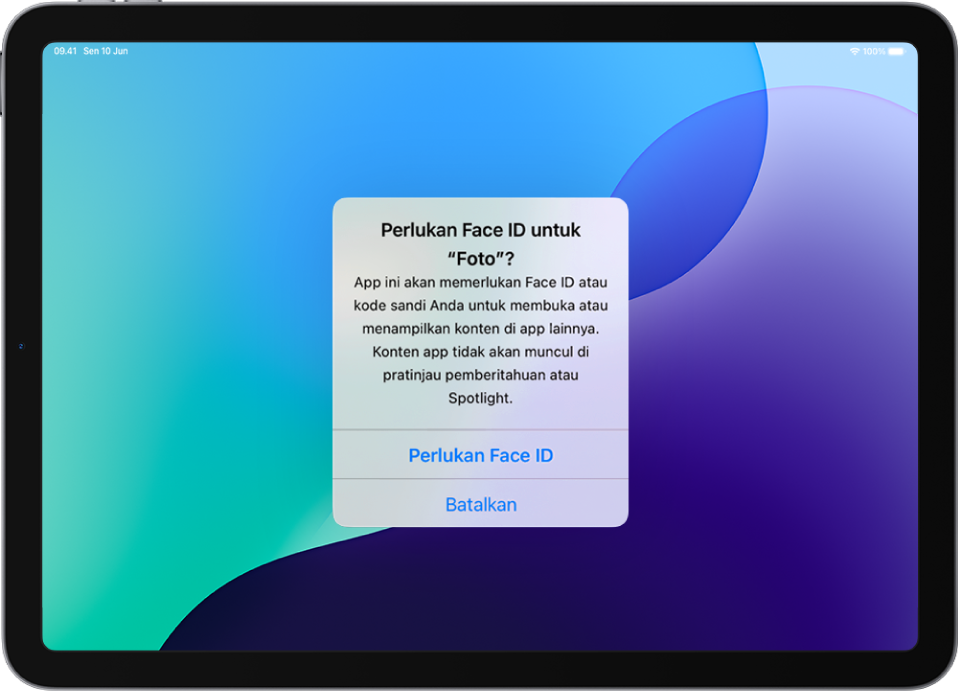 Peringatan di layar iPad yang meminta Face ID untuk membuka app Foto.