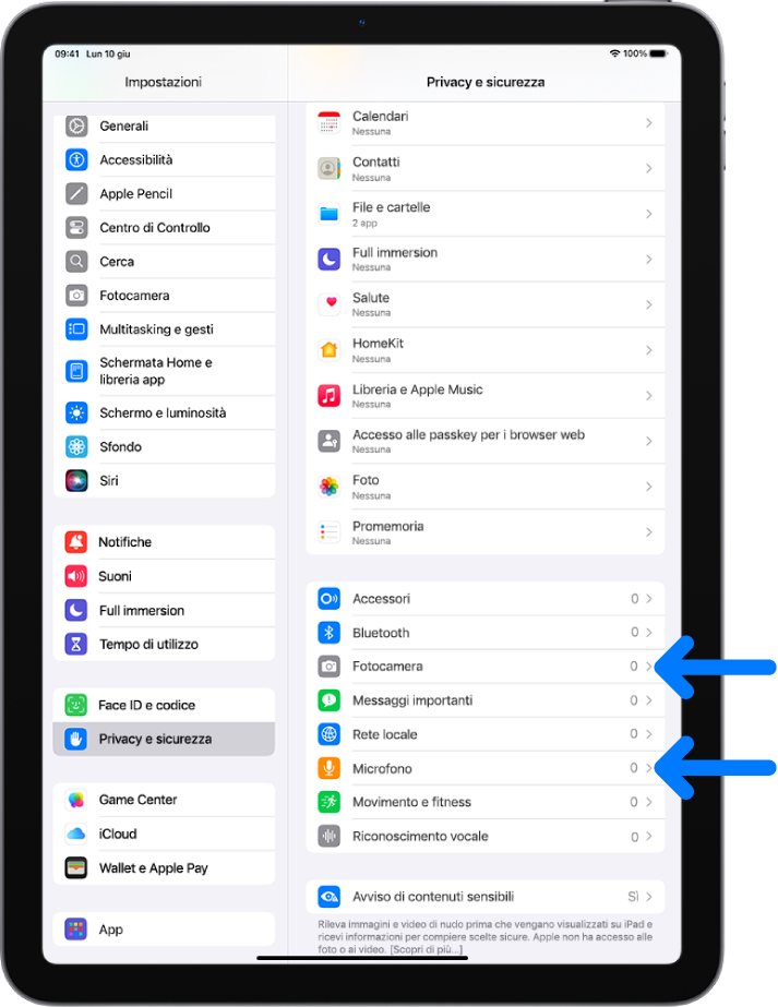 La schermata “Privacy e sicurezza” con le impostazioni per controllare se le app possono utilizzare la fotocamera, il microfono e altre parti di iPad.