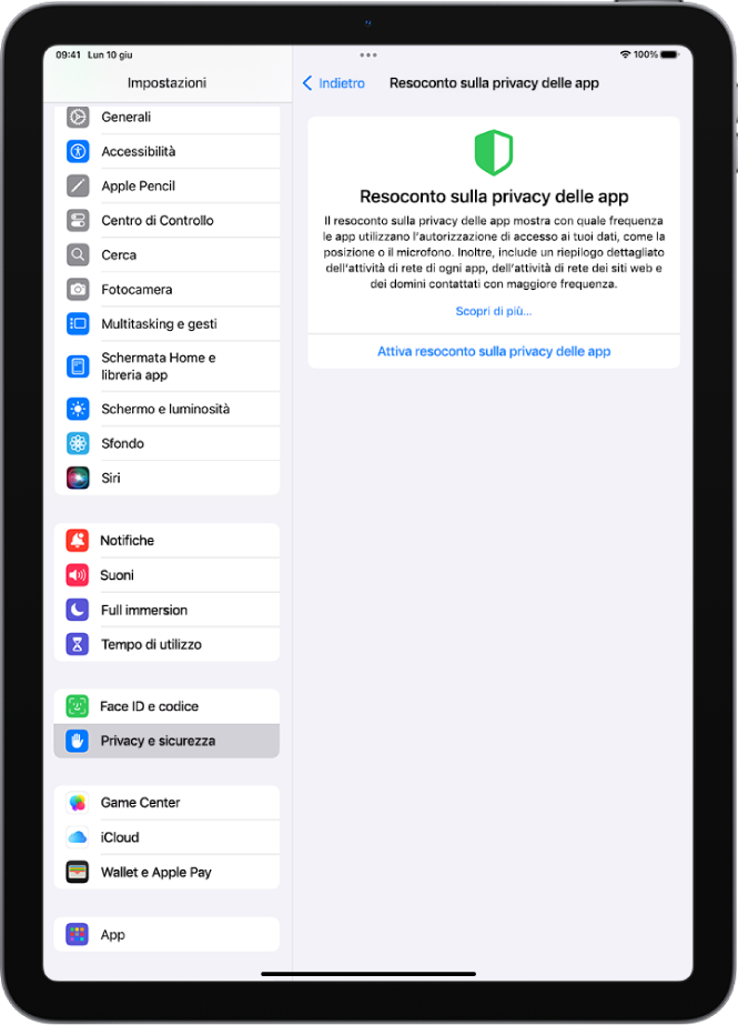 La schertmata del resoconto sulla privacy delle app dove è possibile attivare un resoconto che mostra quante volte le app utilizzano i permessi che hai concesso loro, insieme alla relativa attività di rete.