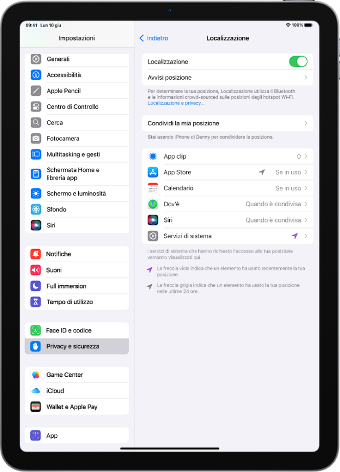 La schermata Localizzazione con le impostazioni per condividere la posizione di iPad con altre app.