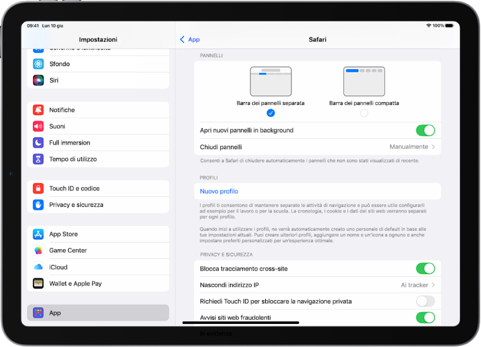 La finestra dell’app Impostazioni, con, a sinistra, App selezionato nella barra laterale e, a destra, un pannello di Safari che mostra le opzioni per usare i pannelli in alto.