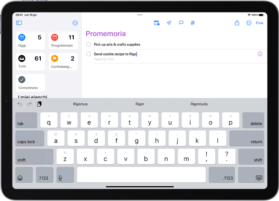 L’app Promemoria che mostra una nuova attività che viene aggiunta all’elenco di promemoria.