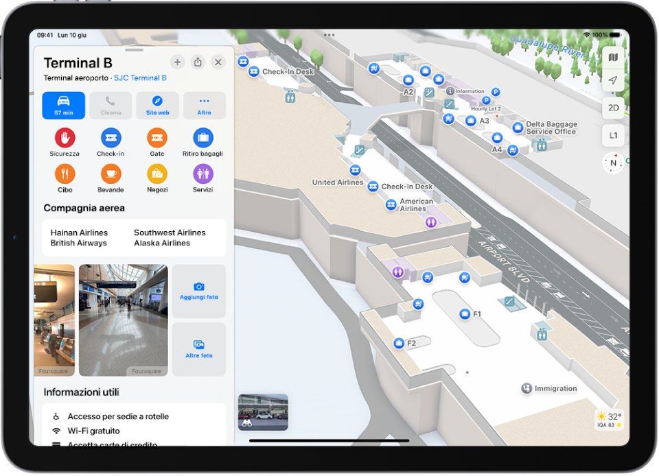 La mappa degli interni del terminal di un aeroporto. La mappa mostra un cancello di imbarco, le toilette, i controlli di sicurezza e un kit di pronto soccorso. Per passare a un altro piano delle mappe degli edifici su più piani, tocca il pulsante L2 (per “Livello 2”).