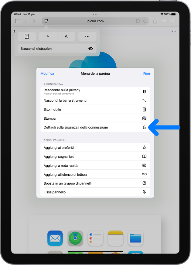 Il menu delle impostazioni della pagina è aperto in Safari e, a metà pagina, è visibile il controllo per i dettagli relativi alla sicurezza della connessione.
