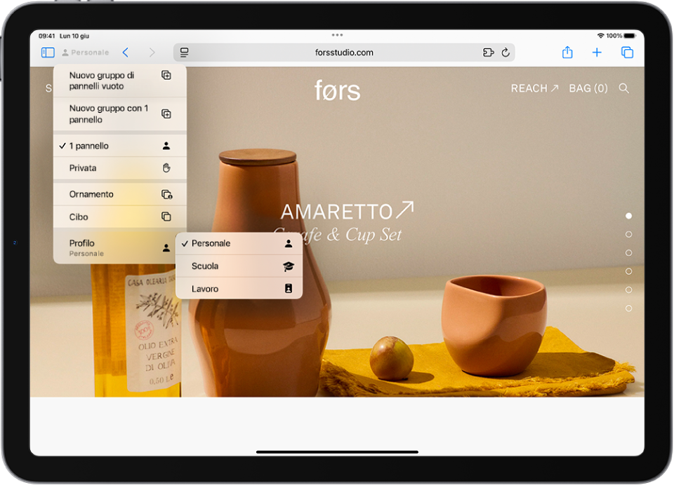 In Safari, il menu del gruppo di pannelli è aperto. Nella parte inferiore del menu, Profilo è selezionato e un menu mostra le opzioni Personale, Scuola e Lavoro.