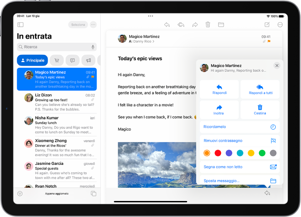 Un’email aperta. Sulla destra è visibile il menu con le opzioni per aggiungere o rimuovere un contrassegno.