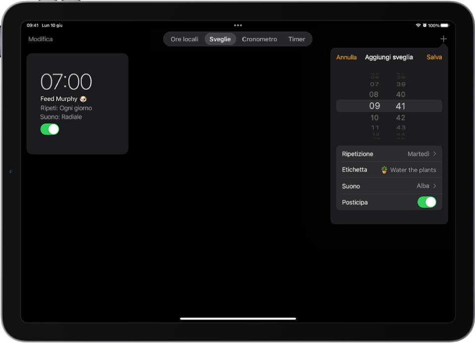 La scheda Sveglie nell’app Orologio, con le impostazioni per modificare l’orario, le opzioni di ripetizione, per aggiungere un’etichetta, selezionare la suoneria e per posticiparla.