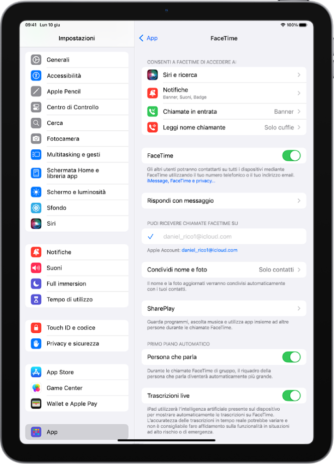 La schermata delle impostazioni di FaceTime, che mostra il controllo per attivare o disattivare FaceTime e il campo Apple Account usato per FaceTime.