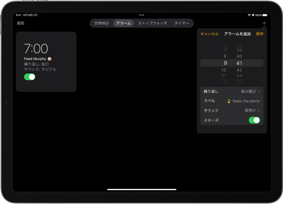 時計アプリの「アラーム」タブ。アラームの時刻を変更する設定、アラームを繰り返すかどうか選択する設定、アラームにラベルを追加する設定、アラームのサウンドを選択する設定、スヌーズをオンにする設定があります。