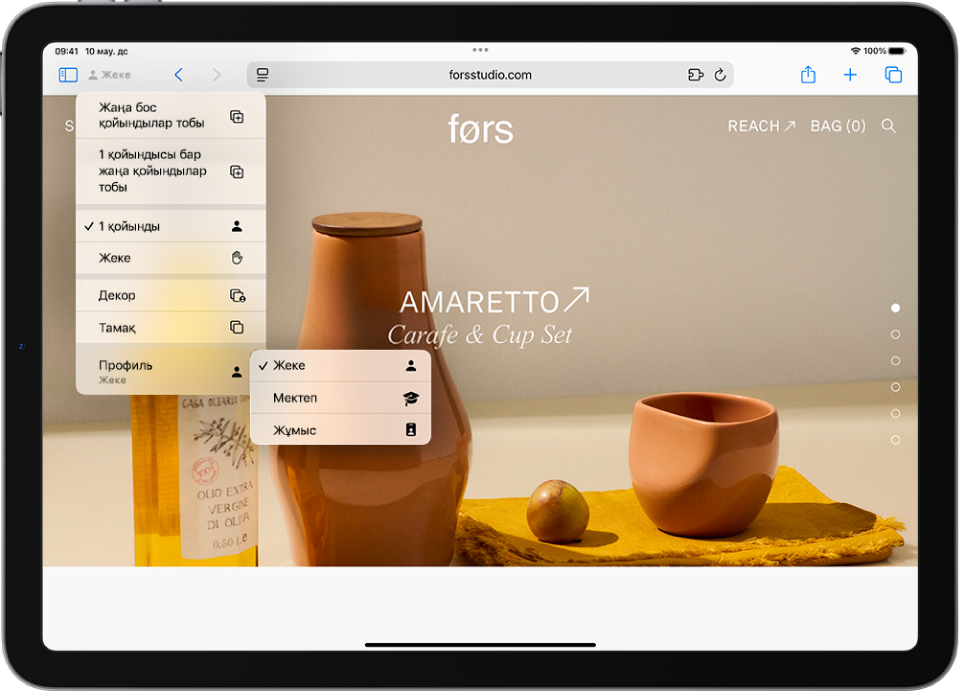 Safari браузерінде «Қойынды тобы» мәзірі ашық. Экранның төменгі жағында «Профиль» параметрі таңдалған және мәзір «Жеке», «Мектеп» және «Жұмыс» опцияларын көрсетеді.