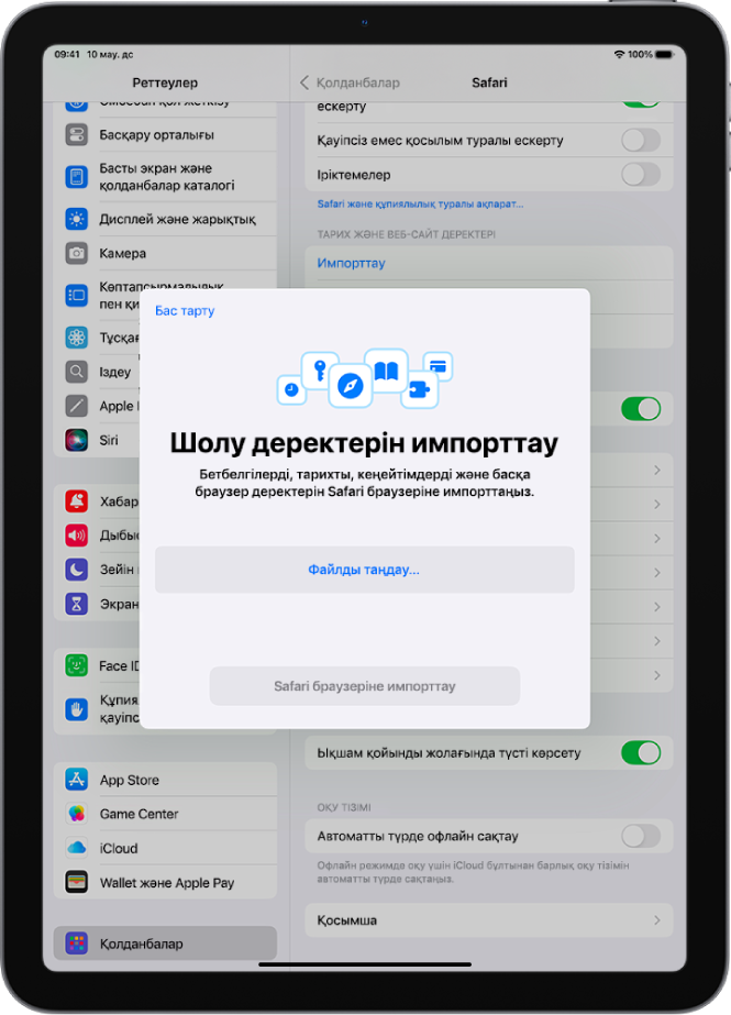 Басқа браузерден Safari браузеріне импортталатын деректерді көрсетіп тұрған «Шолу деректерін импорттау» экраны.