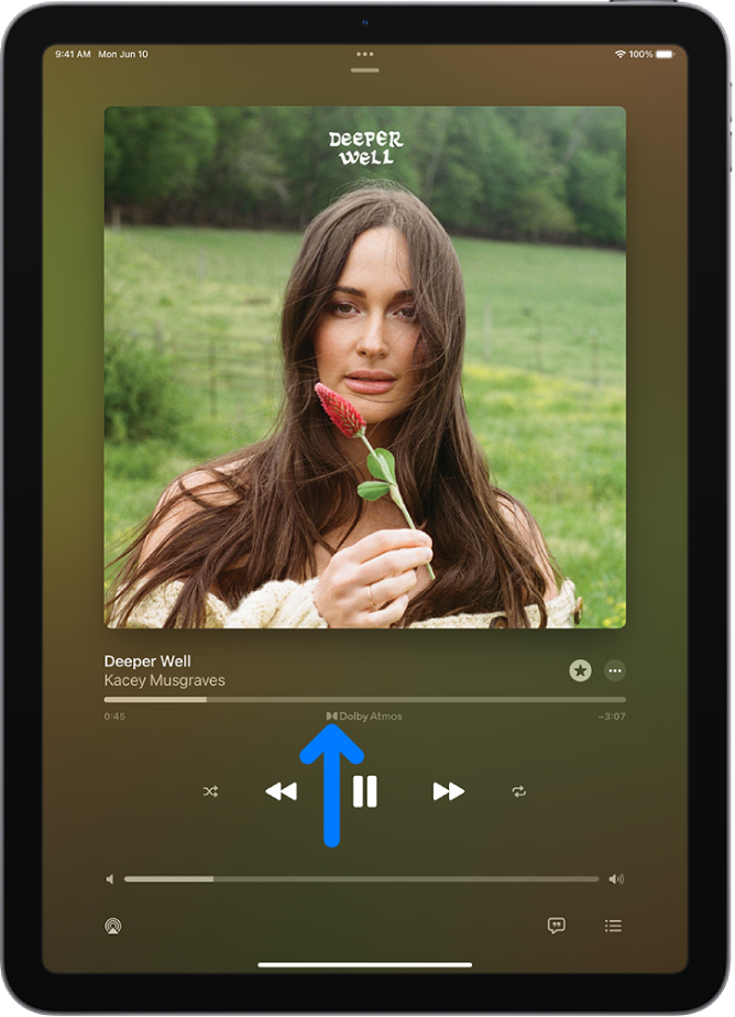 ಪ್ಲೇ ಆಗುತ್ತಿರುವ ಟ್ರ್ಯಾಕ್‌ಗಾಗಿ ಈಗ ಪ್ಲೇ ಆಗುತ್ತಿದೆ ಸ್ಕ್ರೀನ್ Dolby Atmos ಐಕಾನ್ ಅನ್ನು ತೋರಿಸುತ್ತದೆ.