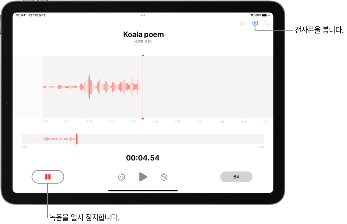 진행 중인 녹음의 파형이 표시되고, 시간 표시기, 녹음을 일시 정지하는 버튼 및 전사문을 보는 버튼이 있는 음성 메모 녹음.