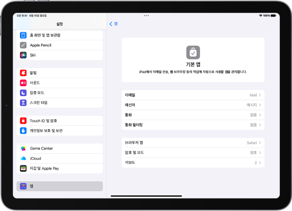 이메일 전송, 웹 브라우징 등에 대한 기본 앱을 변경하는 화면.